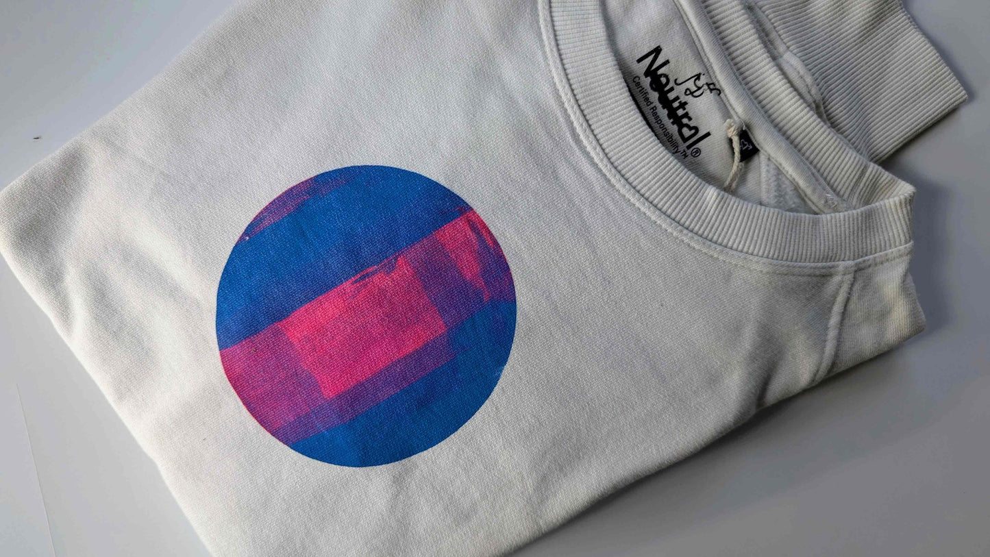 Weißer Unisex Pullover mit lila pink verlaufendem Kreis, bedruckt mit Siebdruck