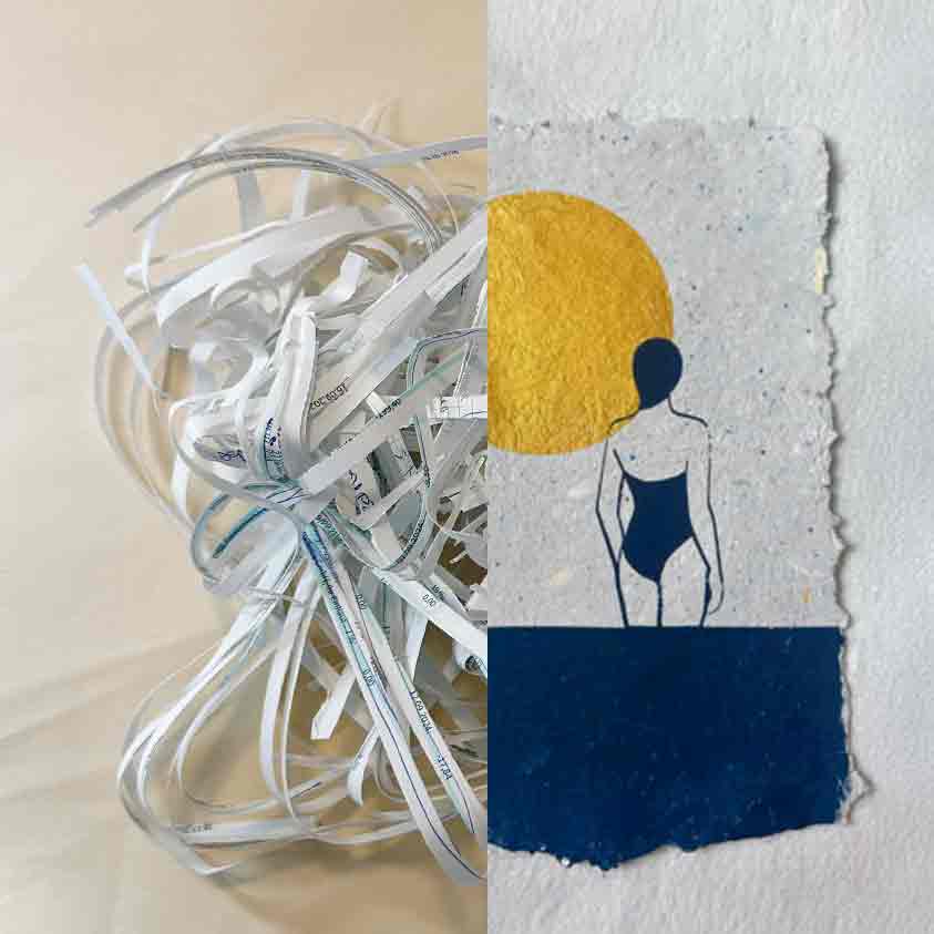 Gegenüberstellung: aus Altpapier wird selbstgeschöpftem Papier mit Siebdruck MARE