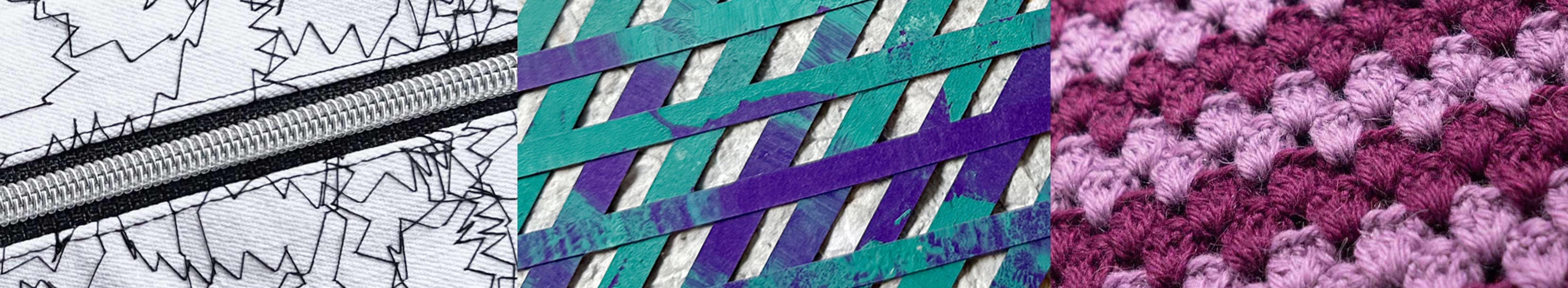 Drei Detailaufnahmen: 1 Nähdetail mit Reißverschluss, 1 Siebdruckdetail im türkis lila Gittermuster, 1 Häkeldetail im Granny Muster und in den Farben bordeux und fliederfarben.