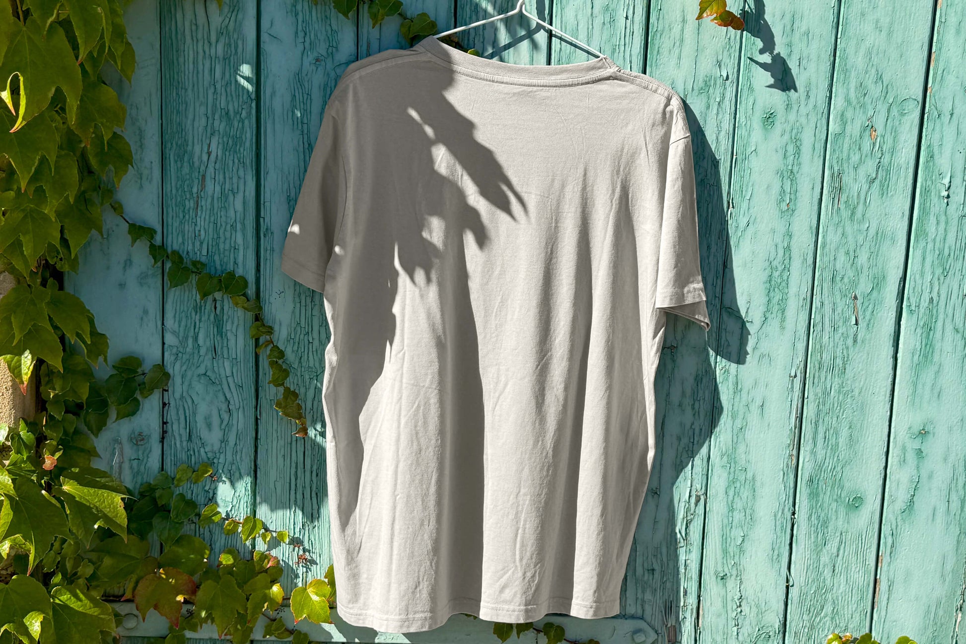 Gesamtansicht: Hinterseite eines T-Shirt in hellem grau vor blauen Hintergrund. 