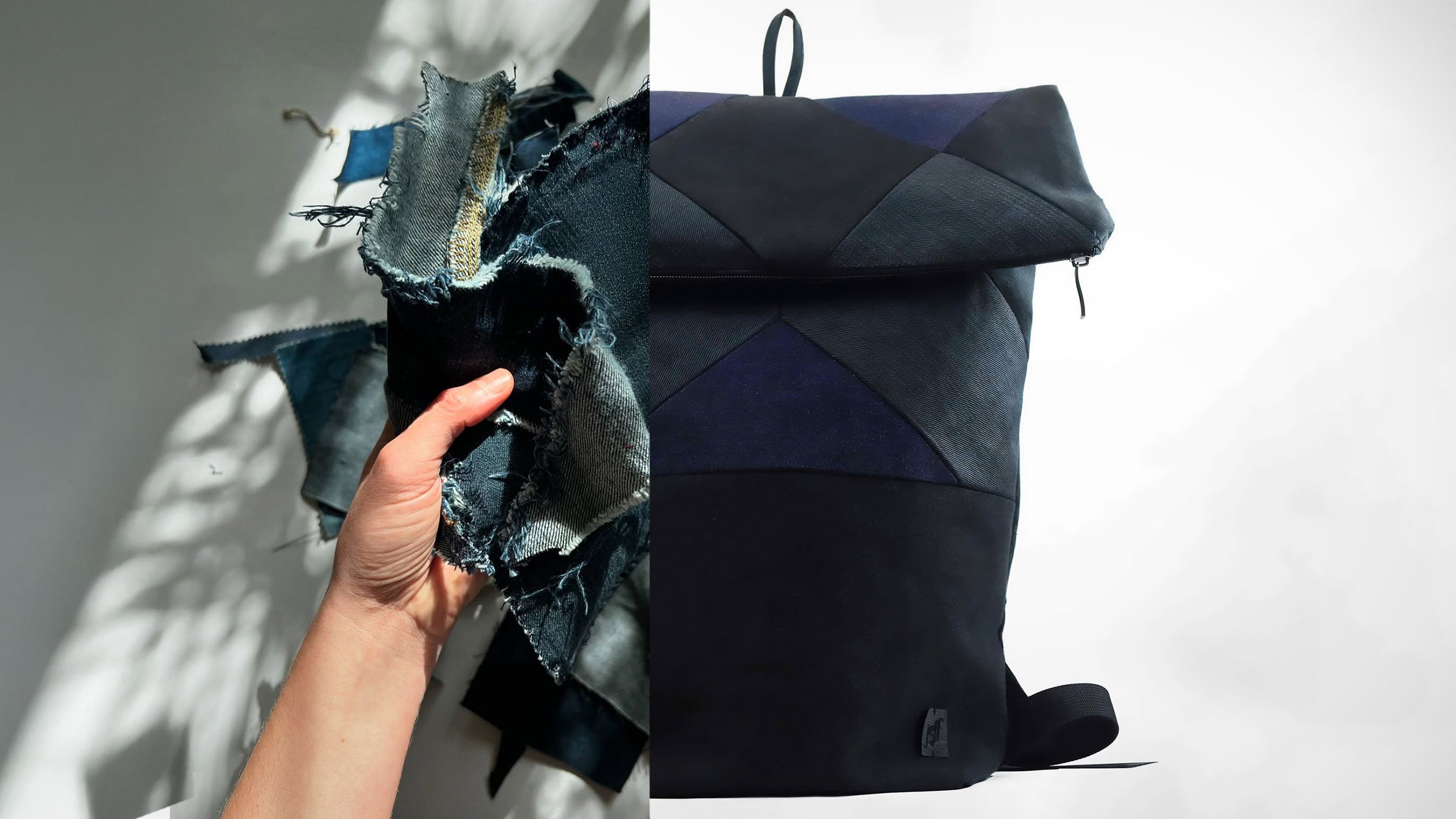 Gegenüberstellung: aus Resten einer Jeans wird upcycled Rucksack RONJA
